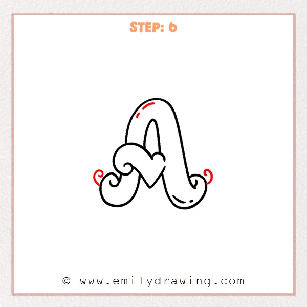 how to draw a fancy letter a - A finished fancy letter A with small highlight strokes near the top and tiny curl accents added on both sides of the flourishes.